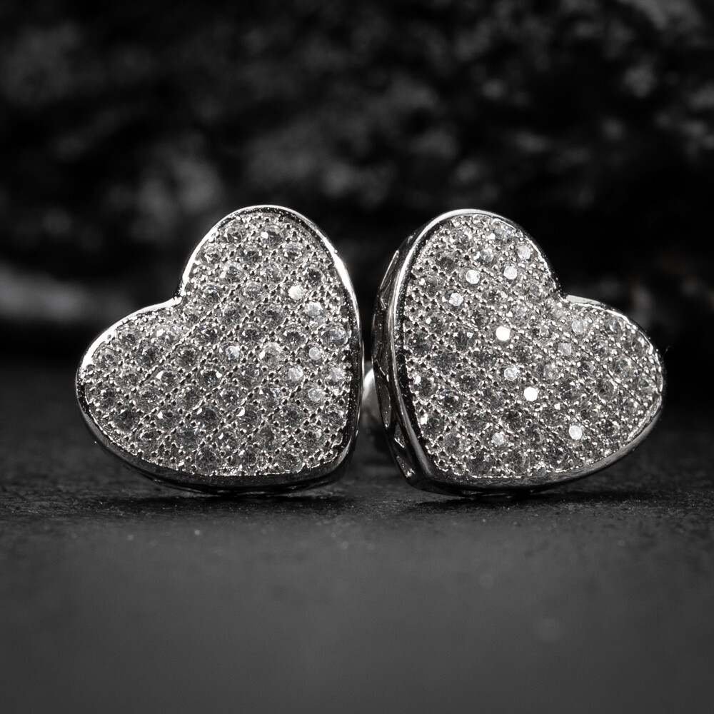 Women’s Large White Gold 925 Sterling Silver Micro Pave Cz Heart Stud Earrings