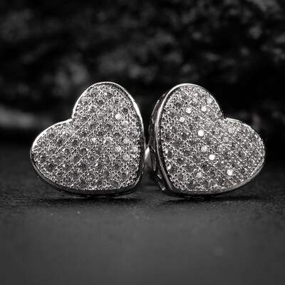 Women’s Large White Gold 925 Sterling Silver Micro Pave Cz Heart Stud Earrings