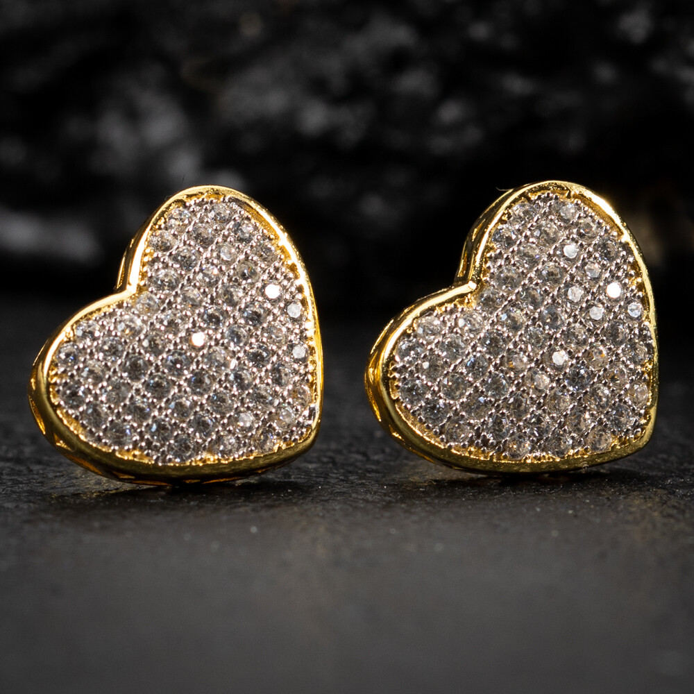 Women’s Large Yellow Gold 925 Sterling Silver Micro Pave Cz Heart Stud Earrings