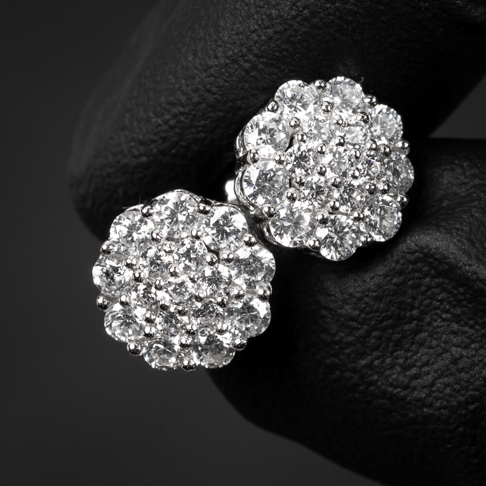 Round White Gold 925 Sterling Silver Circle Flower Cluster Stud Screw Back Earrings