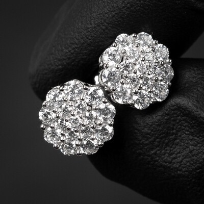 Round White Gold 925 Sterling Silver Circle Flower Cluster Stud Screw Back Earrings