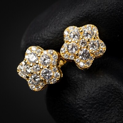Yellow Gold 925 Sterling Silver Star Flower Cluster Stud Screw Back Earrings