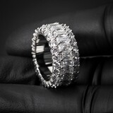 Men&#39;s White Gold Plated Iced Pointer Layered Emerald Cut Eternity Ring