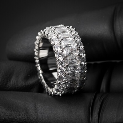 Men's White Gold Plated Iced Pointer Layered Emerald Cut Eternity Ring