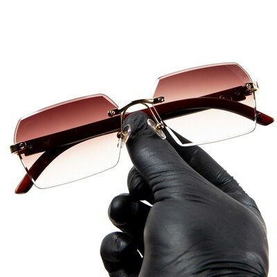 Men's Gold Frame Burgundy Tint Rimless Woodgrain Sunglasses