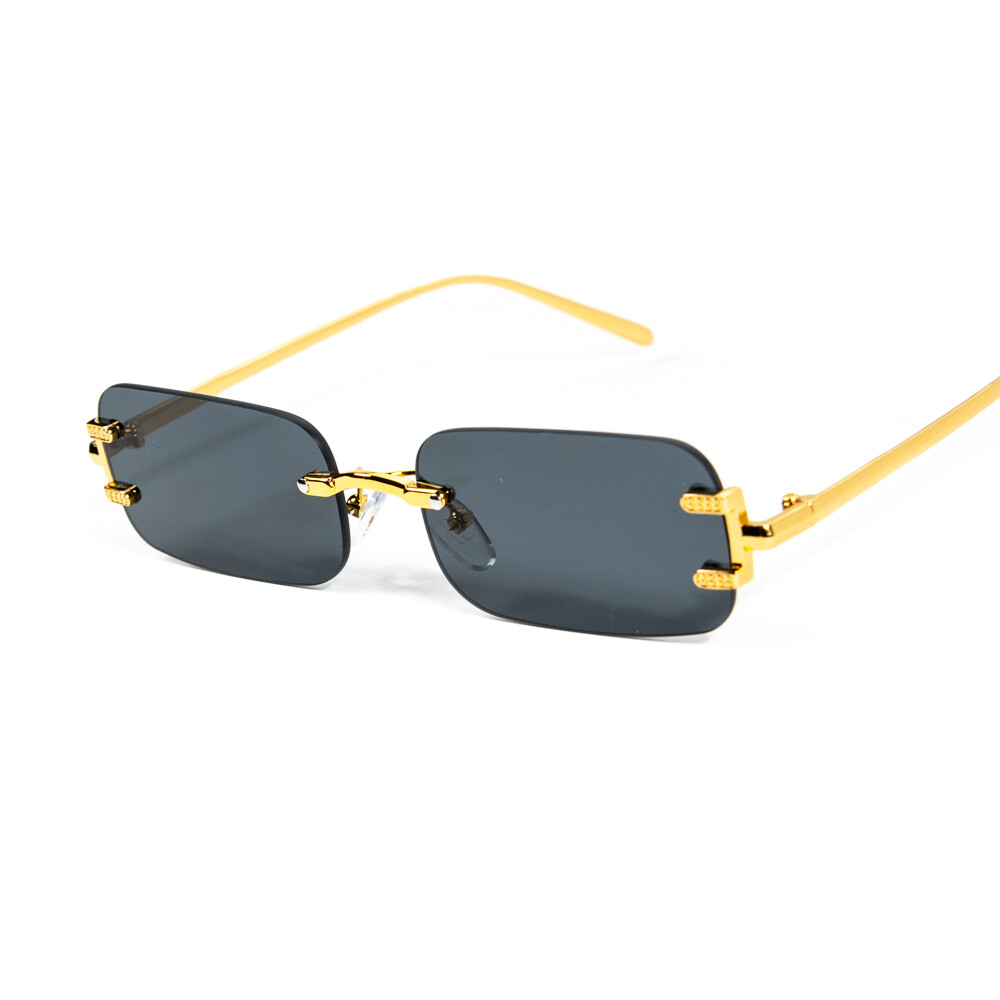 Men&#39;s Rectangular Rimless Gold Frame Black Tint Sunglasses