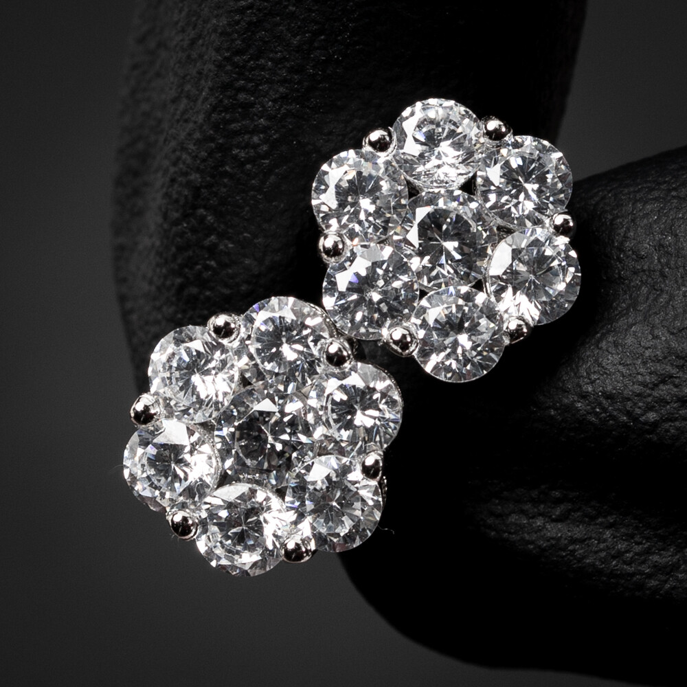 ​White Gold Plated 925 Sterling Silver Flower Cluster Stud Screw Back Earrings