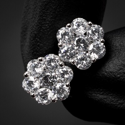 ​White Gold Plated 925 Sterling Silver Flower Cluster Stud Screw Back Earrings