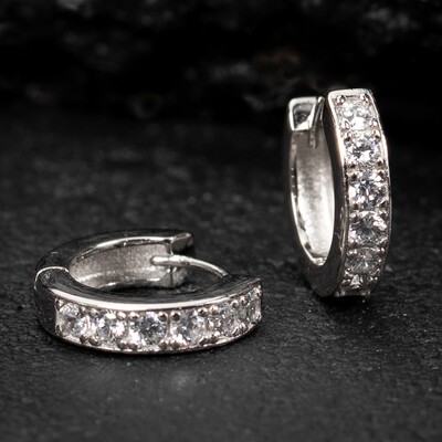 One Row​ 5A Cz White Gold Plated 925 Sterling Silver Huggie Hoop Earrings