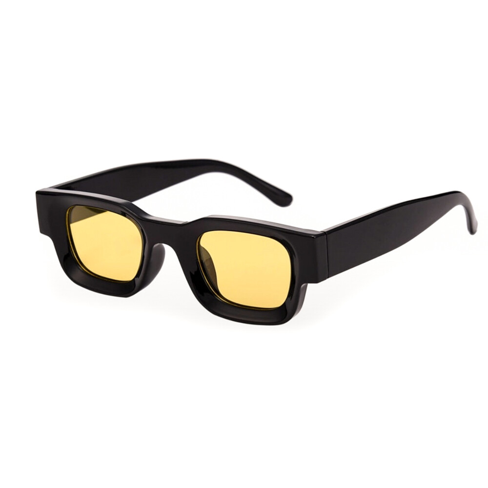 Small Modern Thick Black Square Frame Yellow Tint Men and Women Rectangle Sunglasses