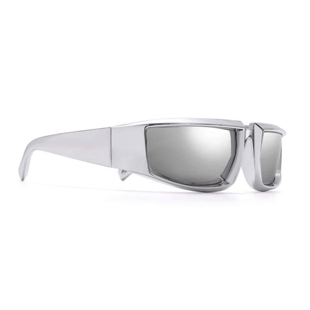 Oval Futuristic Silver Thick Trendy Wrap Around Gray Y2K Sunglasses