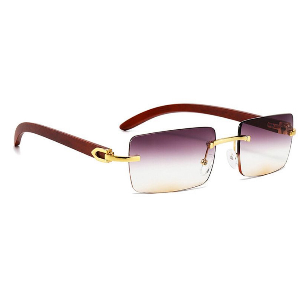 Burgundy Gradient Tint Rimless Gold Frame Woodgrain Square Sunglasses