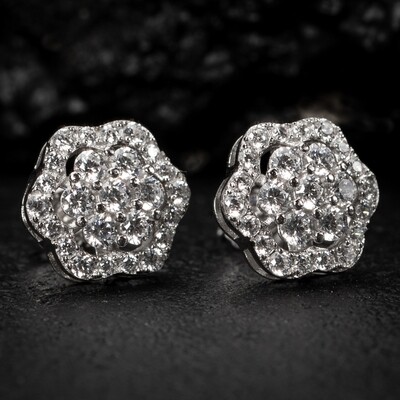 Large White Gold 925 Sterling Silver 1.5Ct VVS Moissanite Flower Cluster Stud Earrings
