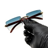 Turquoise Gradient Tint Rimless Gold Frame Rectangle Woodgrain Square Sunglasses