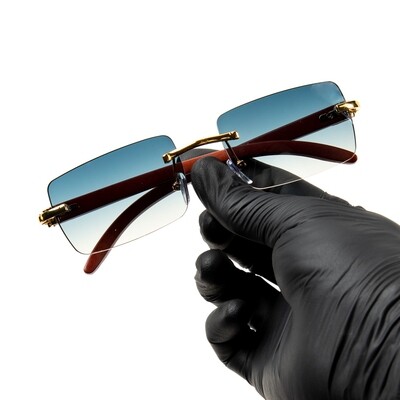 Turquoise Gradient Tint Rimless Gold Frame Rectangle Woodgrain Square Sunglasses
