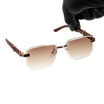 Men&#39;s Rimless Gold Frame Brown Gradient Tint Hip Hop Woodgrain Sunglasses