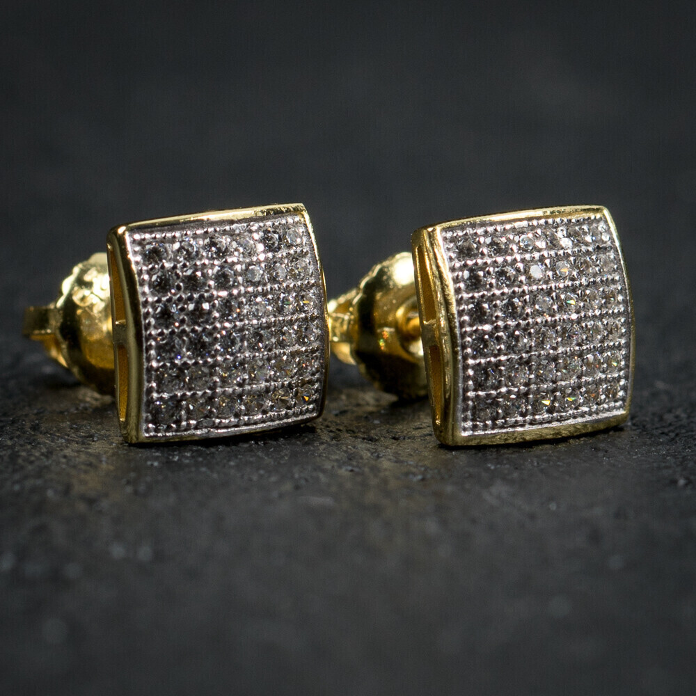 Mens Small Micro Pave Gold Two Tone 925 Sterling Silver Square Iced Cz Screw Back Hip Hop Stud Earrings