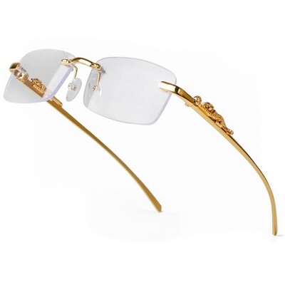 ​Men&#39;s Gold Frame Leopard Arm Hip Hop Clear Lens Retro Rimless Eye Glasses
