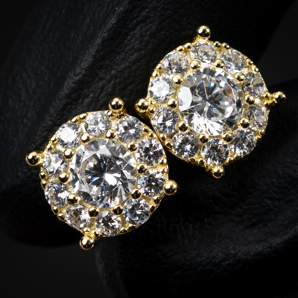 Round 14K Yellow Gold Round Iced Cz Hip Hop Men&#39;s Flower Cluster Stud Circle Screw Back Earrings