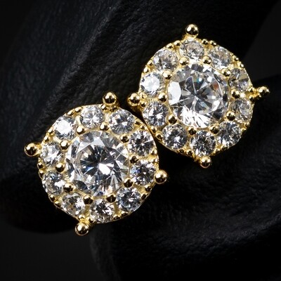 Round 14K Yellow Gold Round Iced Cz Hip Hop Men&#39;s Flower Cluster Stud Circle Screw Back Earrings