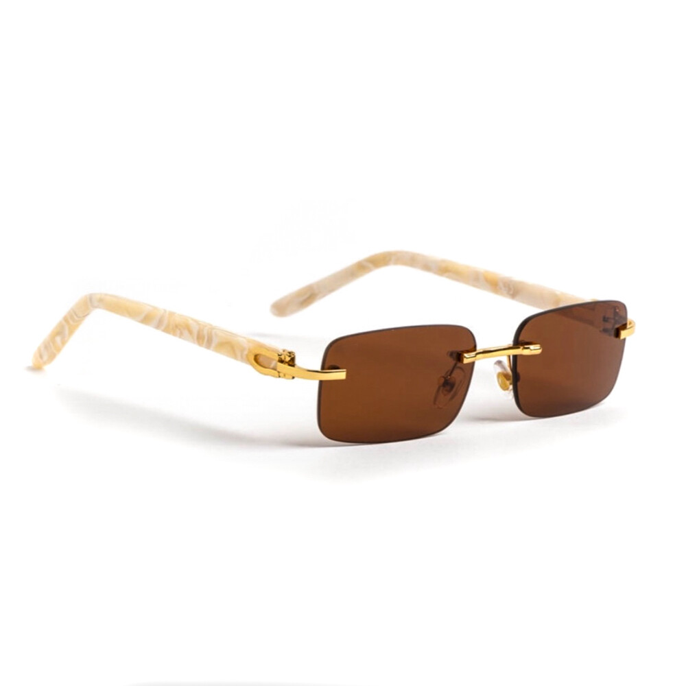 Slim Brown Tint Rimless Rectangular Gold Frame Square Hip Hop Sunglasses