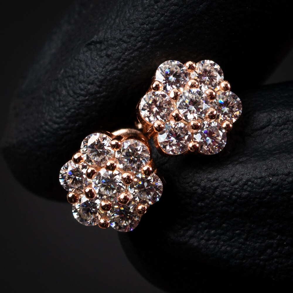 Moissanite 1.33Ct VVS Rose Gold Plated Flower Cluster 925 Sterling Silver Stud Earrings