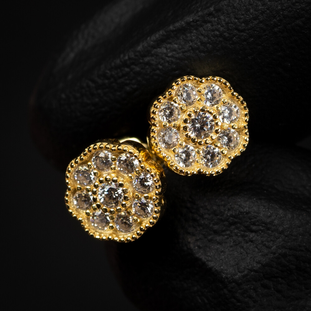 Small Round Iced Cz Flower Cluster 14K Yellow Gold Sterling Silver Stud Screw Back Stud Earrings