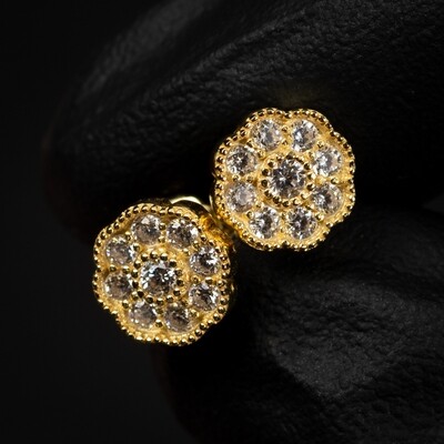 Small Round Iced Cz Flower Cluster 14K Yellow Gold Sterling Silver Stud Screw Back Stud Earrings