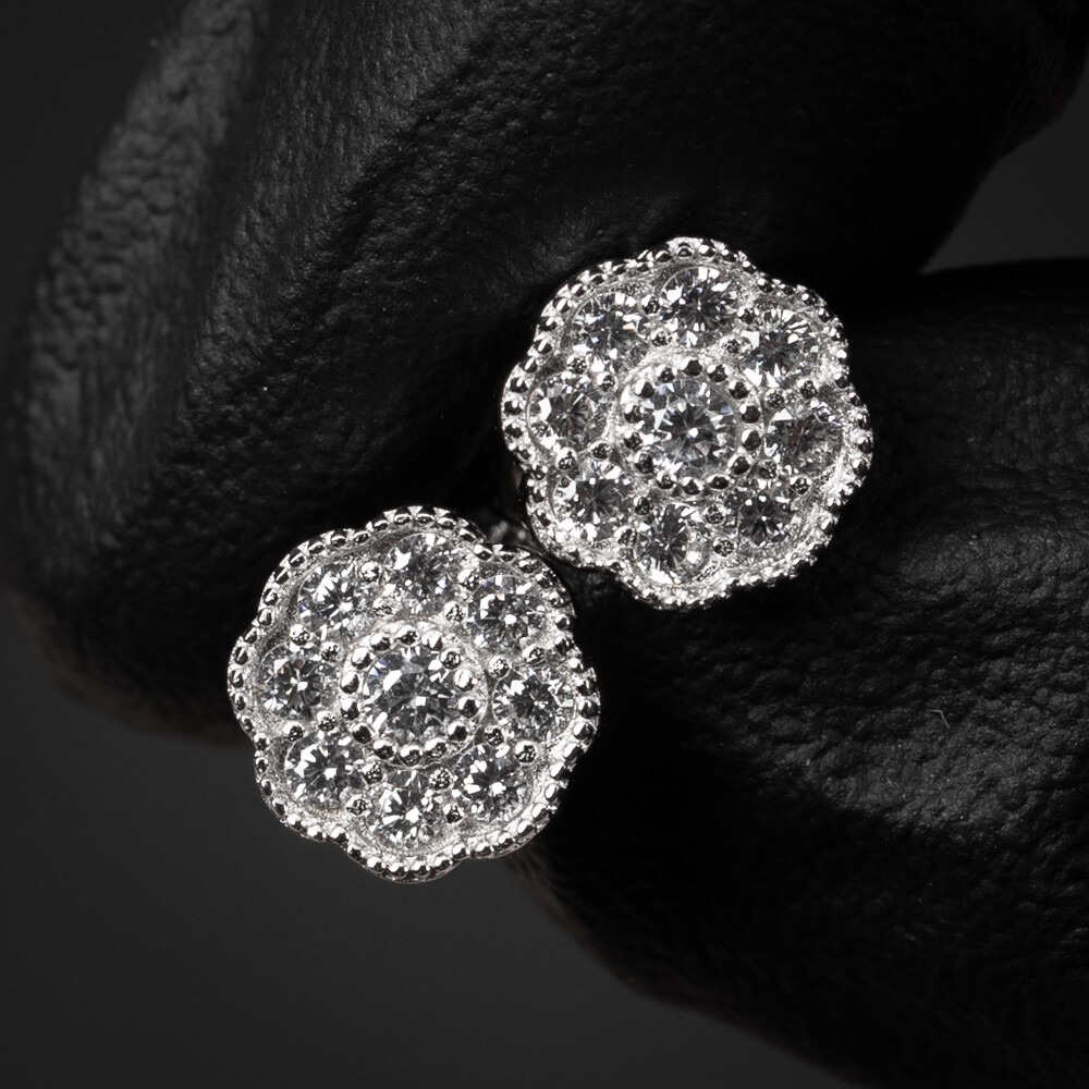 Small Round Iced Cz Flower Cluster 14K White Gold Sterling Silver Stud Screw Back Stud Earrings