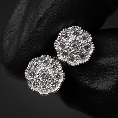 Small Round Iced Cz Flower Cluster 14K White Gold Sterling Silver Stud Screw Back Stud Earrings