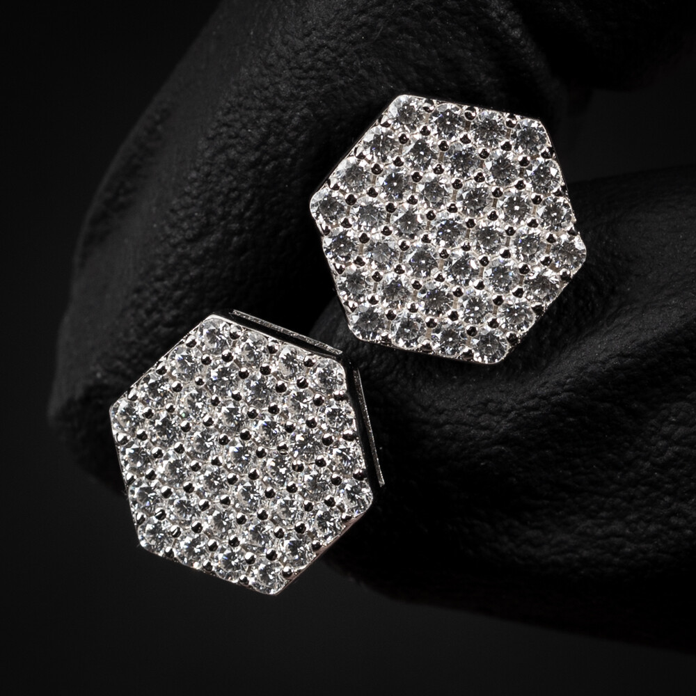 Cluster Hexagon White Gold 925 Sterling Silver Screw Back Earrings