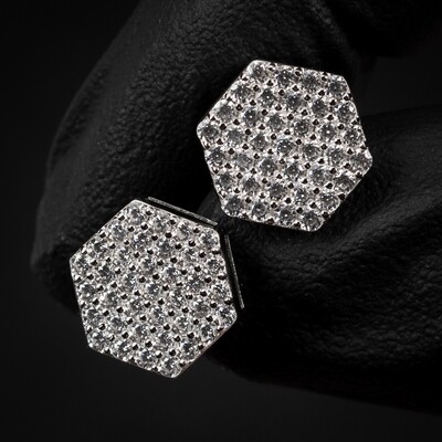 Cluster Hexagon Shape Men's Women's 14K White Gold 925 Sterling Silver Screw Back Earrings