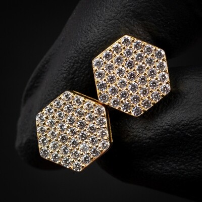 Cluster Hexagon Shape Men's Women's 14K Yellow Gold 925 Sterling Silver Screw Back Earrings