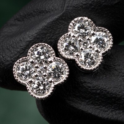 Men's Women's Clover Shape Flower Cluster 14K White Gold VVS 1.21Ct Lab Grown Diamond Stud Earrings