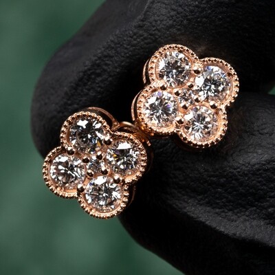 Men's Women's Clover Shape Flower Cluster 14K Rose Gold VVS 1.21Ct Lab Grown Diamond Stud Earrings