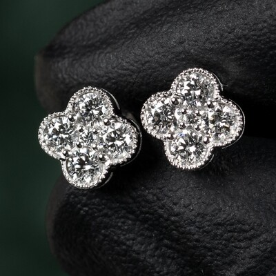 Men's Women's Small Clover Shape Flower Cluster 14K White Gold VVS 0.61Ct Lab Grown Diamond Stud Earrings