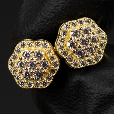 Round Iced Cz Flower Cluster 14K Yellow Gold Sterling Silver Circle Stud Screw Back Stud Earrings