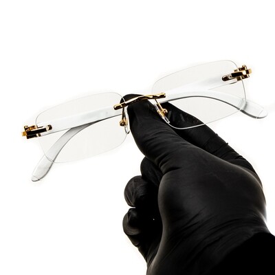 Designer Rimless Clear Lens Rectangular Gold Frame White Wood Arm Clear Glasses