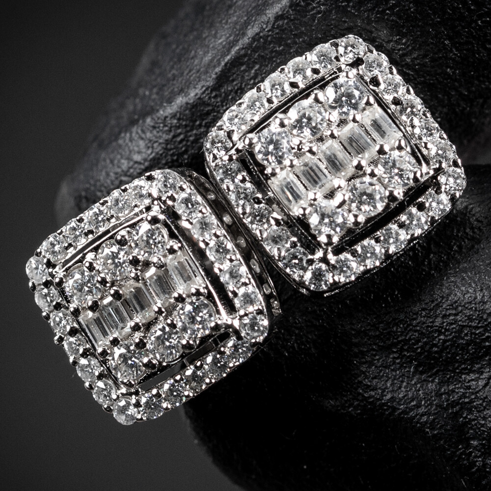 Square Iced Cz Baguette 14K White Gold Sterling Silver Stud Screw Back Stud Earrings