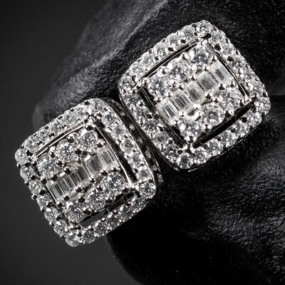 Square Iced Cz Baguette 14K White Gold Sterling Silver Stud Screw Back Stud Earrings