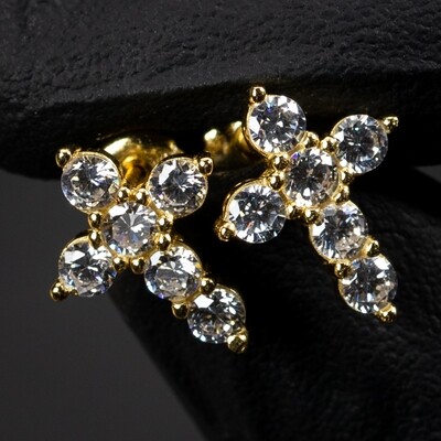 Iced Cz Solitaire 14K Yellow Gold Sterling Silver Cross Screw Back Stud Earrings