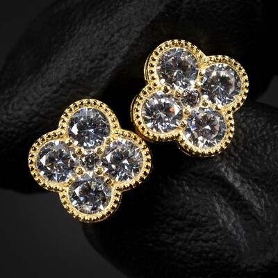 Large Iced Cz Flower Cluster Four Leaf Clover 14K Yellow Gold Sterling Silver Stud Screw Back Stud Earrings