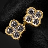 Small Iced Cz Flower Cluster Four Leaf Clover 14K Yellow Gold Sterling Silver Stud Screw Back Stud Earrings