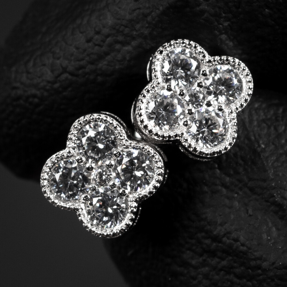 Small Iced Cz Flower Cluster Four Leaf Clover 14K White Gold Sterling Silver Stud Screw Back Stud Earrings
