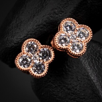 Small Iced Cz Flower Cluster Four Leaf Clover Pink 14K Rose Gold Sterling Silver Stud Screw Back Stud Earrings