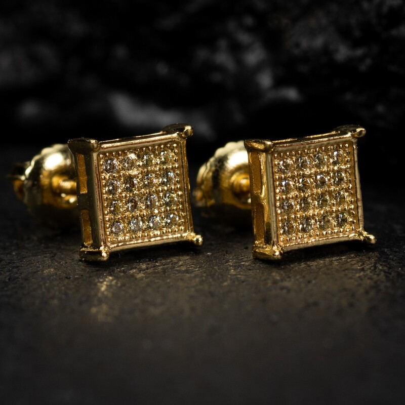 Mens Small Yellow Gold 925 Sterling Silver Canary Yellow Square Hip Hop Stud Earrings