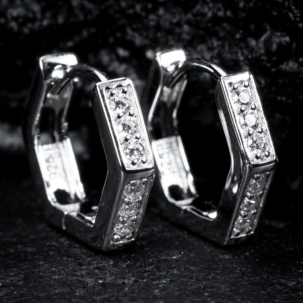 Mens Women&#39;s Small Geometric Silver Iced Cz Hexagon Huggie Hoop Earrings