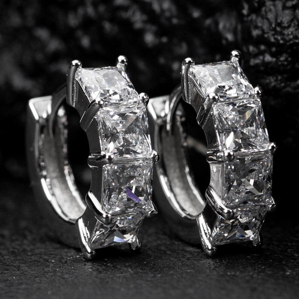Small Square Princess Cut Channel Set Iced Cz Stone Men Women 925 Sterling Silver Huggie Hoop Earrings