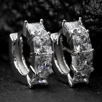 Small Square Princess Cut Channel Set Iced Cz Stone Men Women 925 Sterling Silver Huggie Hoop Earrings