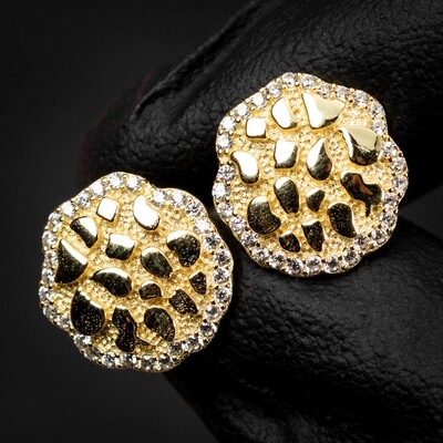 ​Men&#39;s Round 14K Yellow Gold 925 Sterling Silver Iced Circle Diamond Cut Nugget Earrings